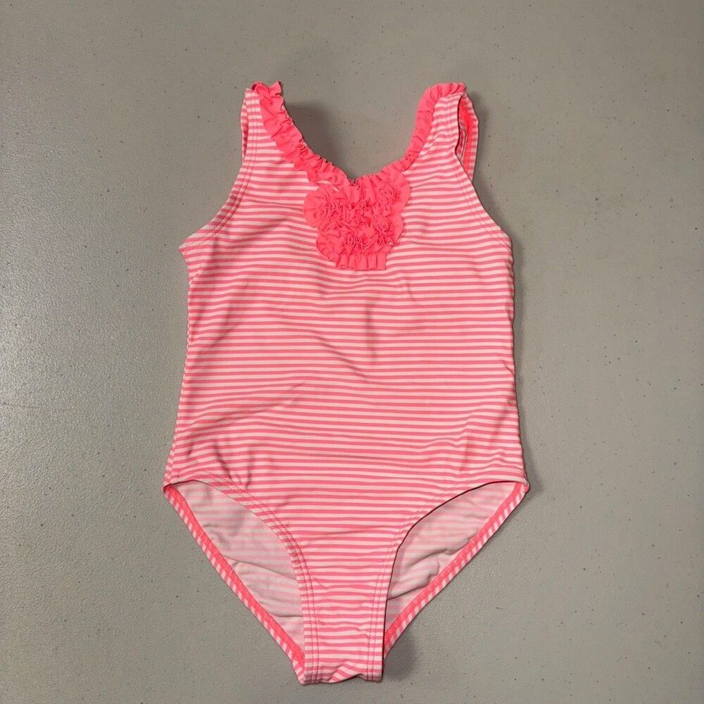 Neon Pink White Swimsuit Bathing Girls 5 Striped Ruffled Pool Beach Summer Lake